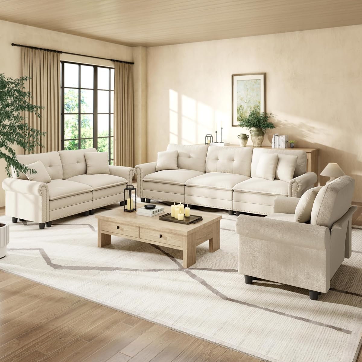 Modular Sectional Sofa Set for Living Room 3-Piece Deep Seats | Mid-Century Modern 6-Seater Cloud Sofa Set, Cyan, Rolled Arms & Nailhead Trim, Wider & Deeper Seats, Chenille Furniture Set