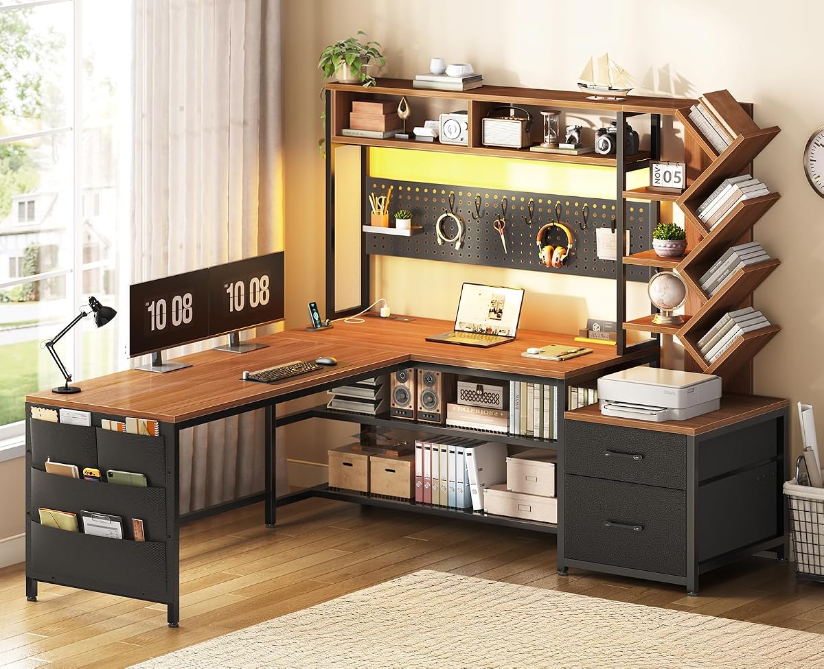 L Shaped Office Desk with Drawers and Hutch
