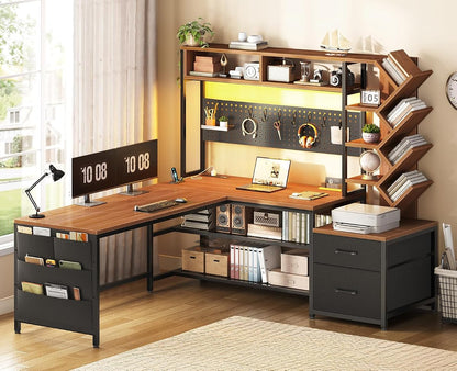 L Shaped Office Desk with Drawers and Hutch