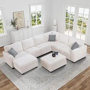 Oversized Modular Sectional Sofa,U/L-Shaped Corduroy Couch with Ottoman,Deep Seat & Removable Cushion,Easy Assembly for Living Room Apartment,8 Seater,Cream