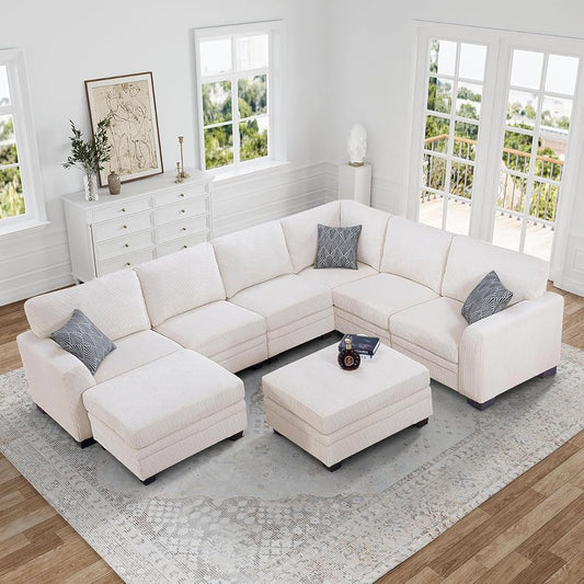 Oversized Modular Sectional Sofa,U/L-Shaped Corduroy Couch with Ottoman,Deep Seat & Removable Cushion,Easy Assembly for Living Room Apartment,8 Seater,Cream