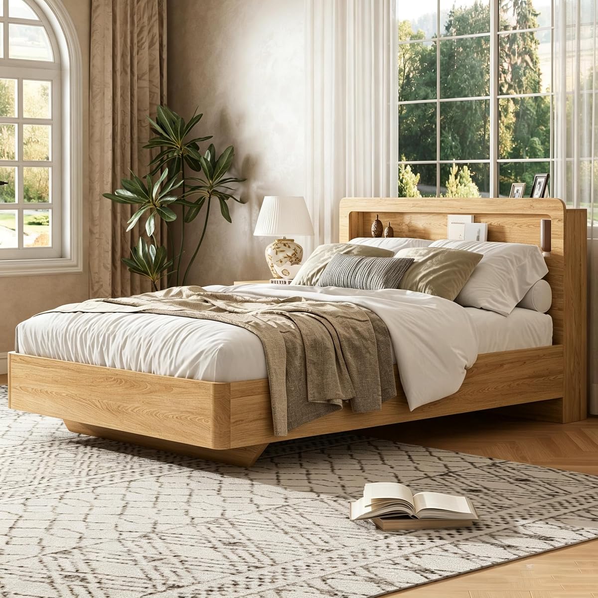 Full Bed Frame with Headboard, Led Lights, No Box Spring Needed, Wooden Slats