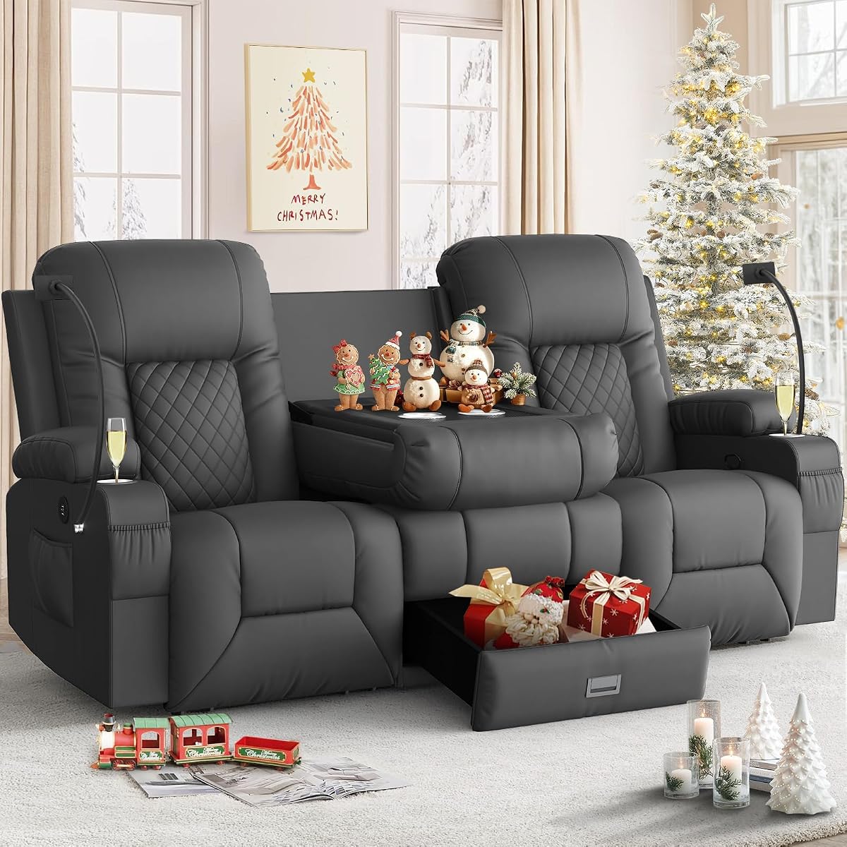 Loveseat Recliner Sofa, 3 Seater Dual Reclining Sofa with Flip Back Console, Modern PU Leather Loveseat Couch for Living Room/RV, with Storage, USB Ports, Cup Holder, Cell Phone Holder, Gray