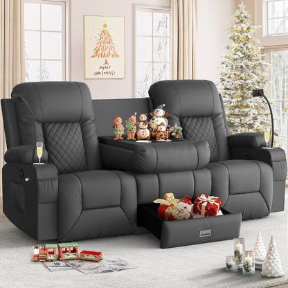 Loveseat Recliner Sofa, 3 Seater Dual Reclining Sofa with Flip Back Console, Modern PU Leather Loveseat Couch for Living Room/RV, with Storage, USB Ports, Cup Holder, Cell Phone Holder, Gray