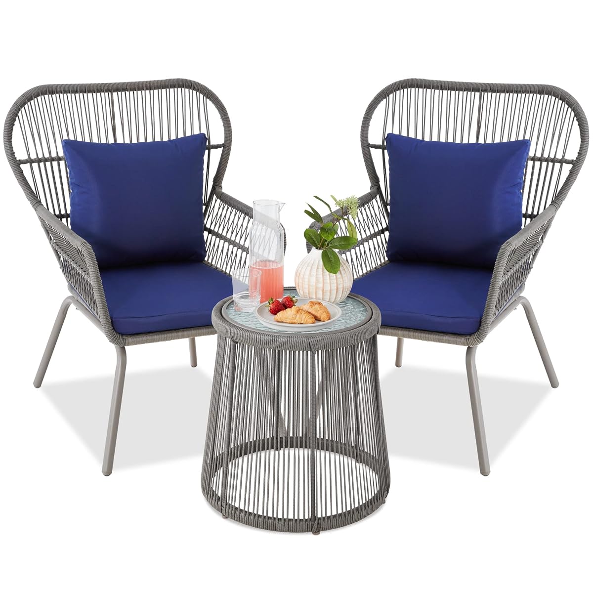 Best Choice Products 3-Piece Patio Conversation Bistro Set, Outdoor All-Weather Wicker Furniture for Porch, Backyard w/ 2 Wide Ergonomic Chairs, Cushions, Glass Top Side Table - Gray/Navy