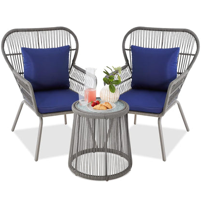Best Choice Products 3-Piece Patio Conversation Bistro Set, Outdoor All-Weather Wicker Furniture for Porch, Backyard w/ 2 Wide Ergonomic Chairs, Cushions, Glass Top Side Table - Gray/Navy