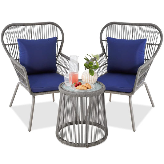 Best Choice Products 3-Piece Patio Conversation Bistro Set, Outdoor All-Weather Wicker Furniture for Porch, Backyard w/ 2 Wide Ergonomic Chairs, Cushions, Glass Top Side Table - Gray/Navy