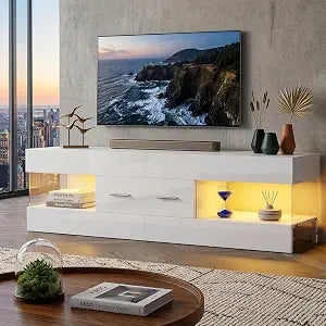 60 Inch White Modern TV Stand, LED Entertainment Center Console, view 2