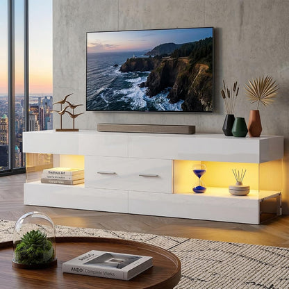 60 Inch White Modern TV Stand, LED Entertainment Center Console