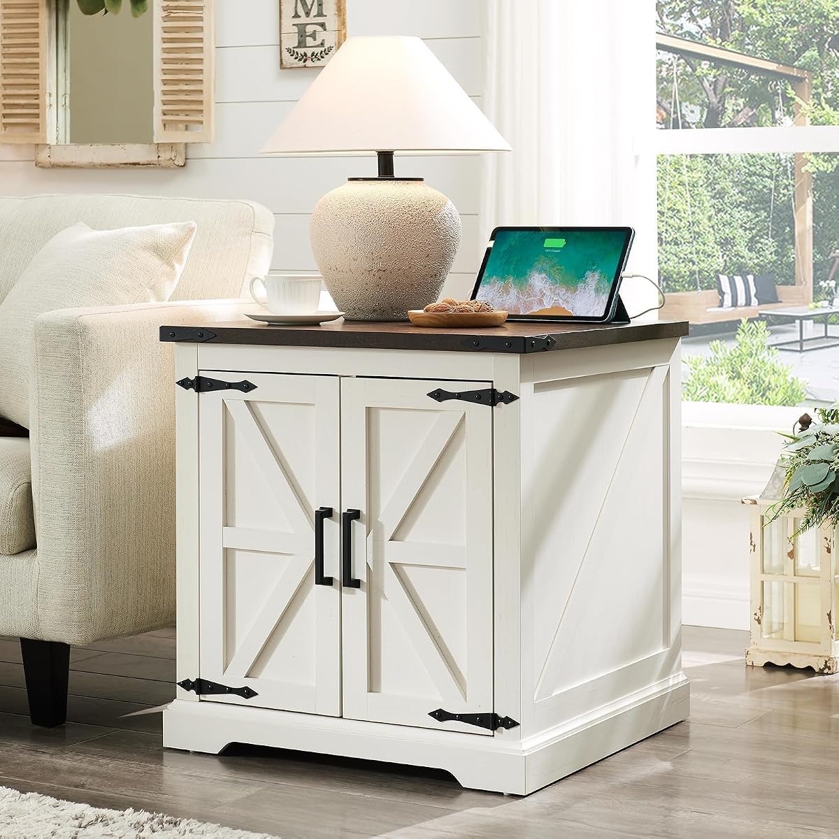 Farmhouse End Table with Charging Station,24" Large Sofa Side Table with Barn Door, Rustic Wood Square Nightstand Bedside Table with Adjustable Shelf for Living Room, Bedroom,Antique White