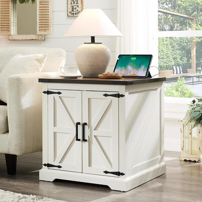 Farmhouse End Table with Charging Station,24" Large Sofa Side Table with Barn Door, Rustic Wood Square Nightstand Bedside Table with Adjustable Shelf for Living Room, Bedroom,Antique White