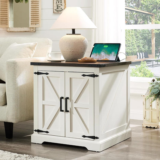 Farmhouse End Table with Charging Station,24" Large Sofa Side Table with Barn Door, Rustic Wood Square Nightstand Bedside Table with Adjustable Shelf for Living Room, Bedroom,Antique White