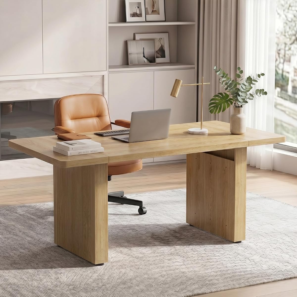 63 Inch Wood Executive Desk, Fluted Office Desk Natural Oak