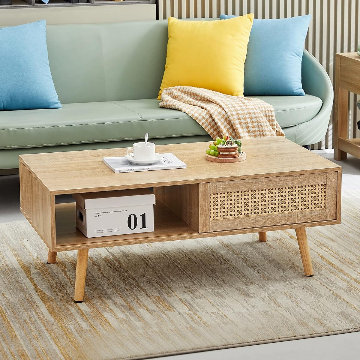 Mid Century Modern Coffee Table with Storage, 41.3 Inch Rectangle Wooden Accent Center Table with Sliding PE Rattan Woven Door Panel and Solid Wood Legs, Suitable for Living Room, Apartment