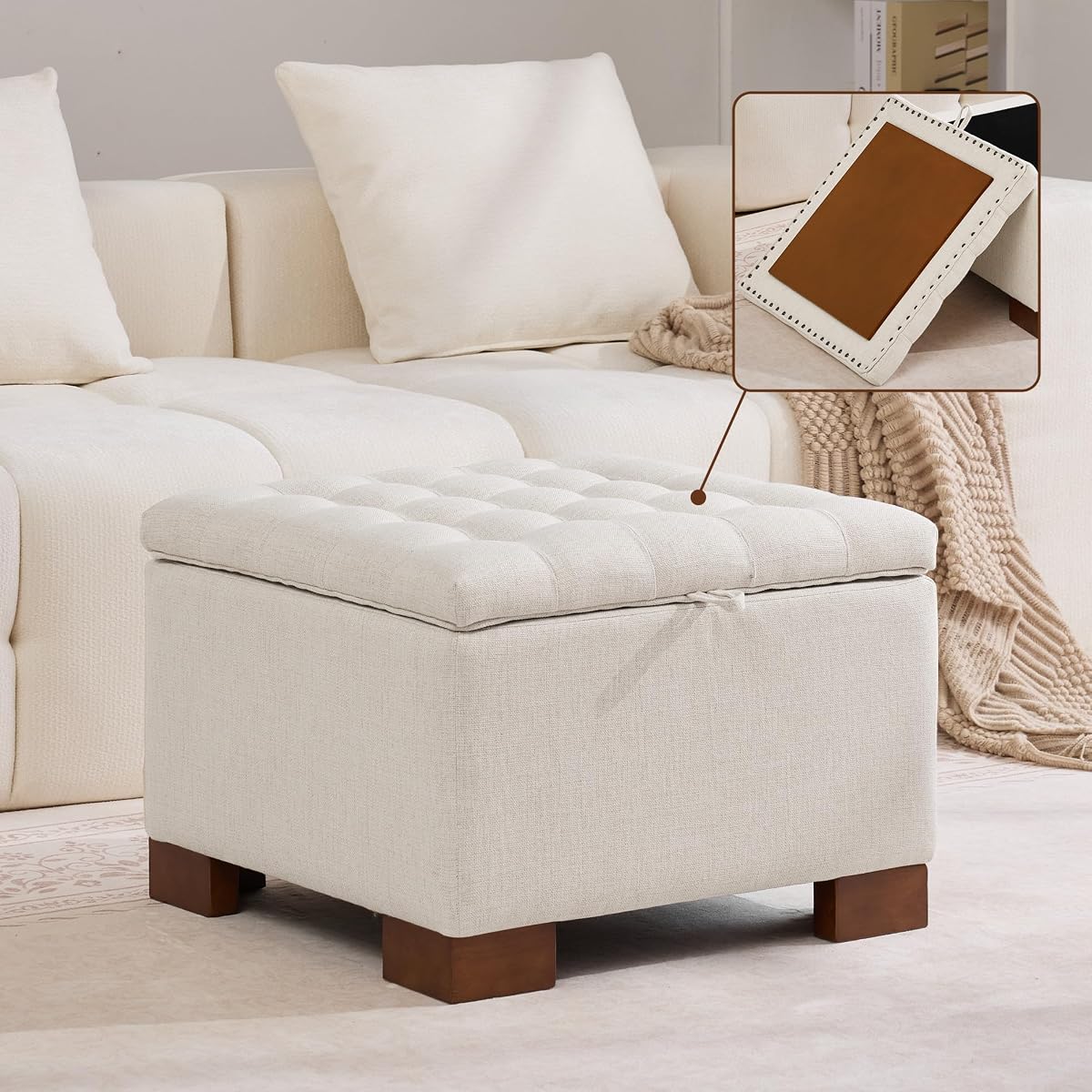 24" Square Fabric Storage Ottoman with Wooden Tray Top, Modern Tufted Button Upholstered Footstool Coffee Table, Multifunctional Small Storage Ottoman for Living Room Bedroom, Beige
