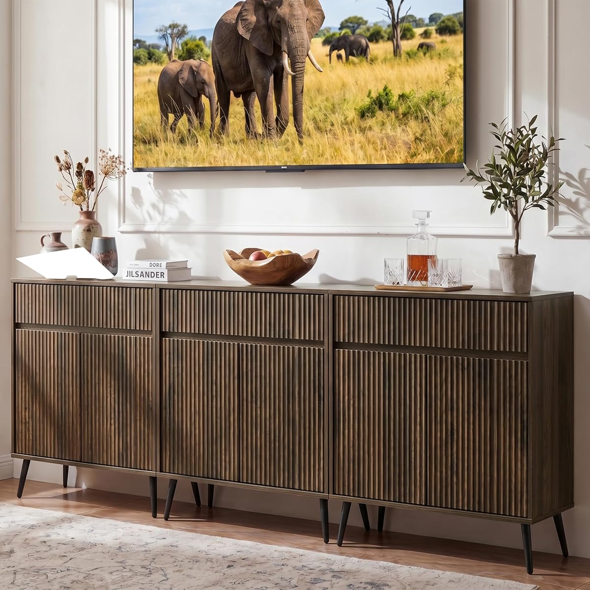 92" Large Fluted Sideboard Buffet Cabinet, Walnut.