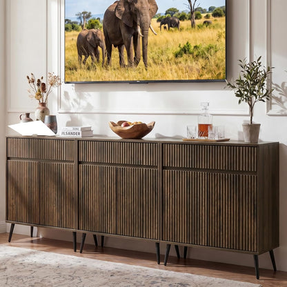 92" Large Fluted Sideboard Buffet Cabinet, Walnut.