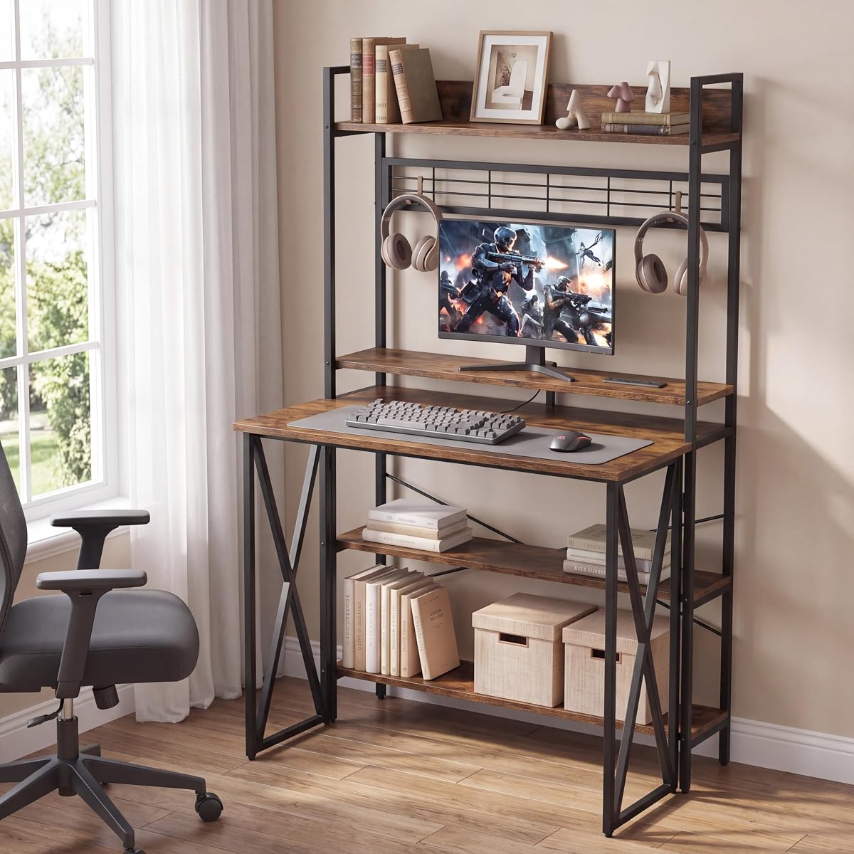 Small Computer Desk with Hutch, Foldable Desk with Shelves for Home Office