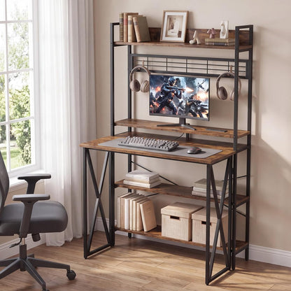 Small Computer Desk with Hutch, Foldable Desk with Shelves for Home Office