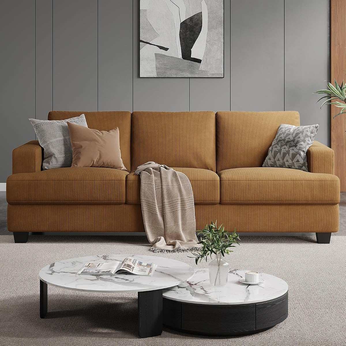 89 Inch Sofa with Extra Deep Seats Oversize, 3 Seater Sofa for Living Room, Modern Couch and Sofa, Comfy Armrests and Seats and Backrests, Easy Installation, Corduroy Fabric Ginger Yellow