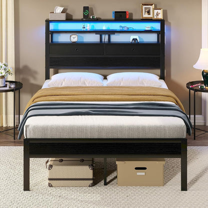 Full Size Bed Frame with LED Lights and Charging Station