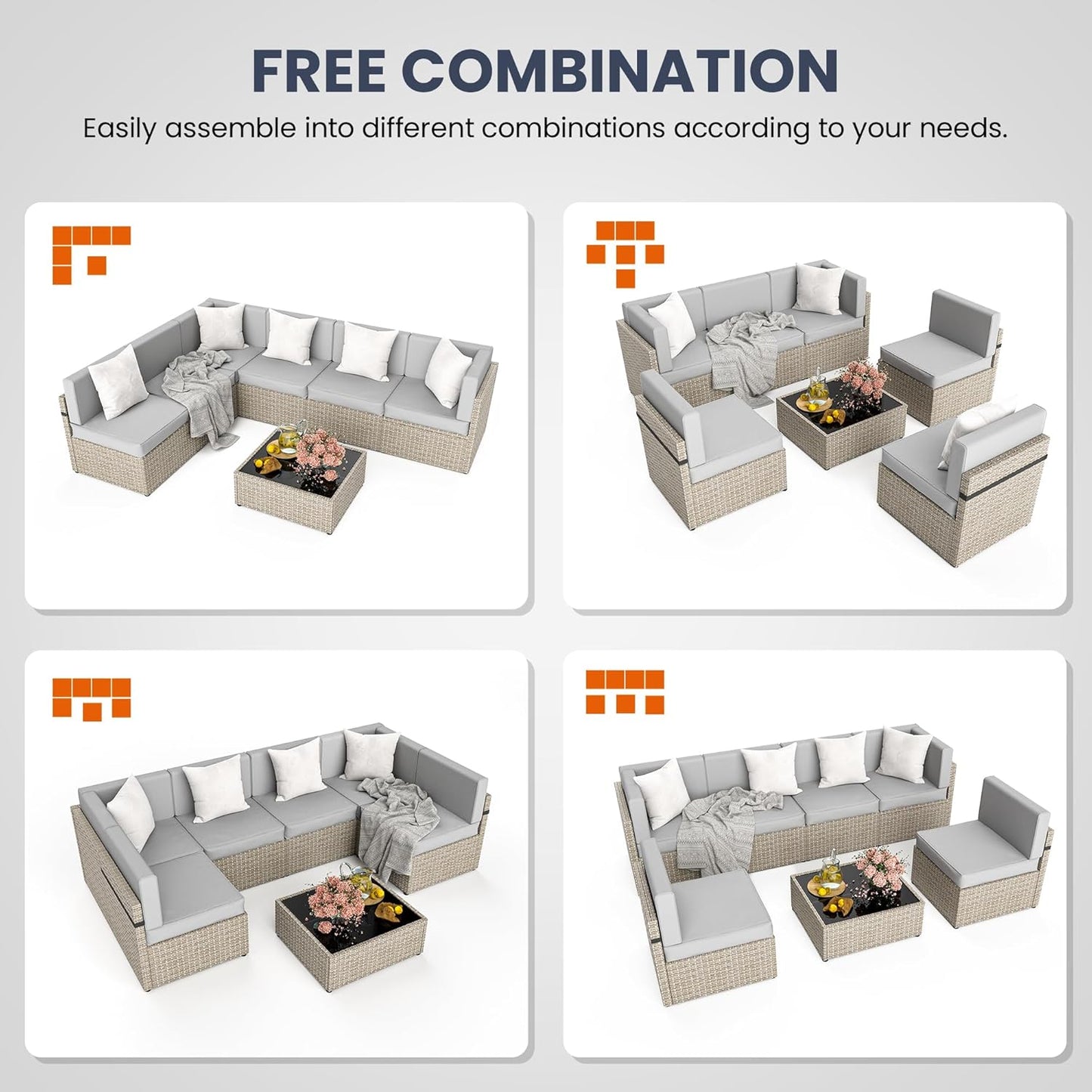 7-Piece Outdoor Sectional Furniture Set, All-Weather Wicker Patio Sofa with Washable Cushions, Gray Waterproof Rattan Conversation Set for Backyard, Poolside, Garden (Gray Cushions)