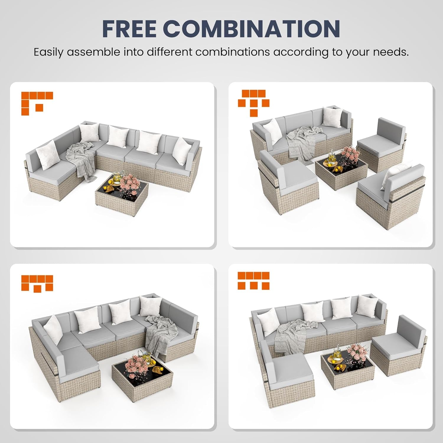 7-Piece Outdoor Sectional Furniture Set, All-Weather Wicker Patio Sofa with Washable Cushions, Gray Waterproof Rattan Conversation Set for Backyard, Poolside, Garden (Gray Cushions)