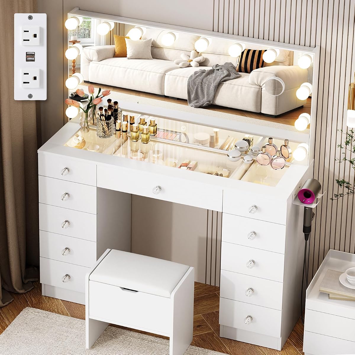 Vanity with Lighted Mirror, Glass Top Makeup Vanity Desk with Lights
