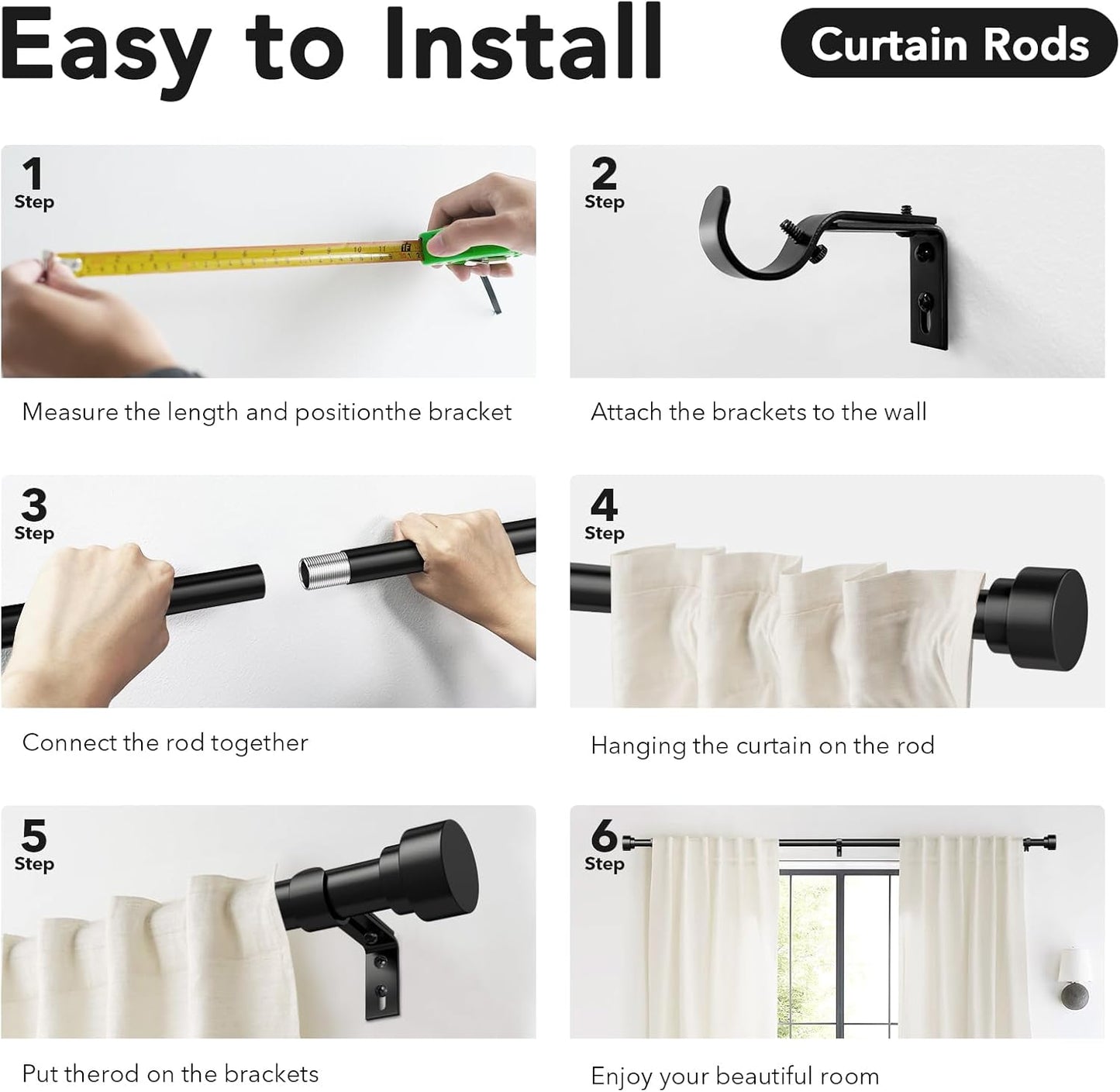 Heavy Duty Curtain Rods for Windows 66 to 120 Inch, 1 Inch Adjustable Black Curtain Rod Set with Easy Installation and Modern Design (A1,Black,30-120")