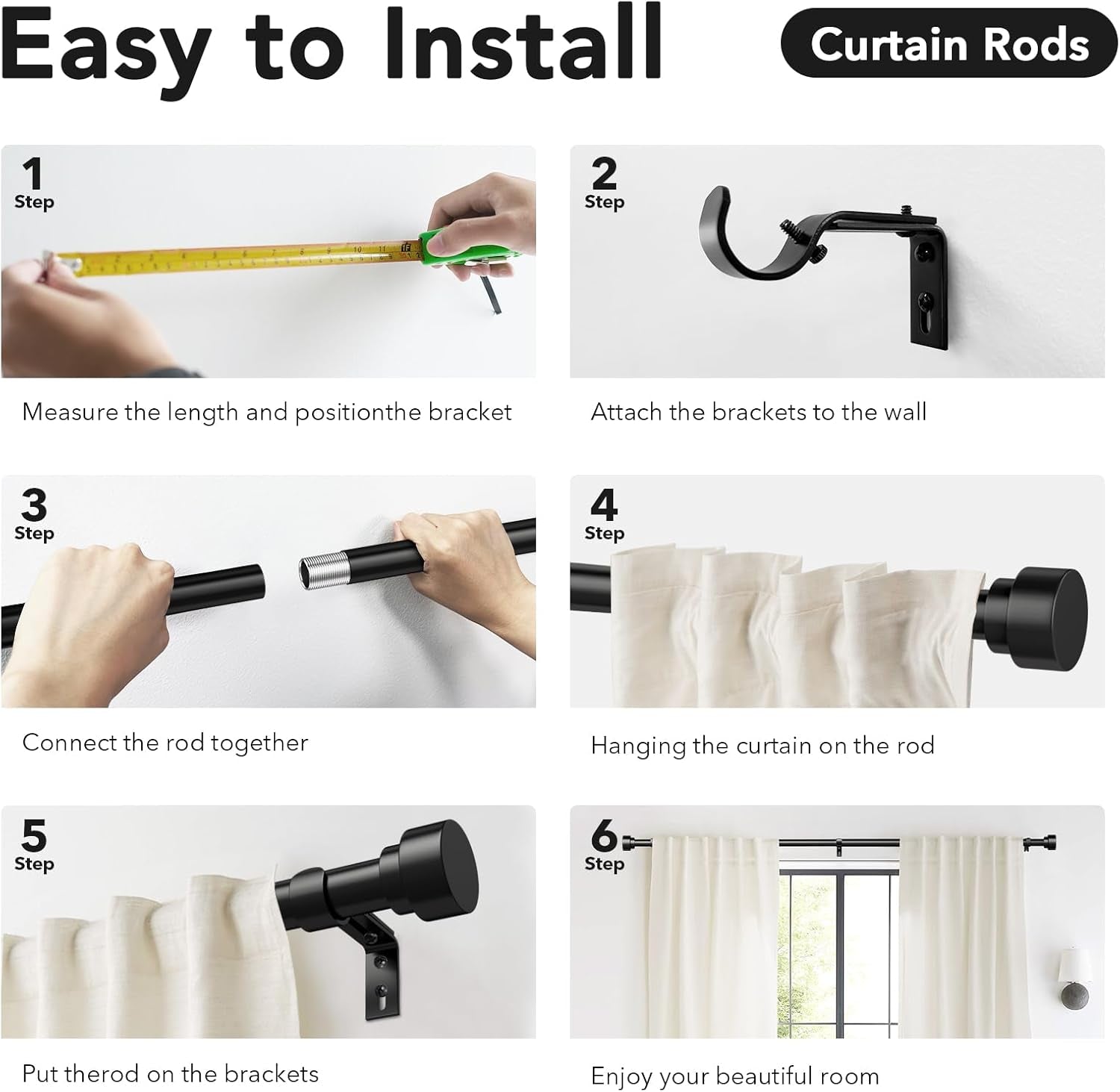 Heavy Duty Curtain Rods for Windows 66 to 120 Inch, 1 Inch Adjustable Black Curtain Rod Set with Easy Installation and Modern Design (A1,Black,30-120")