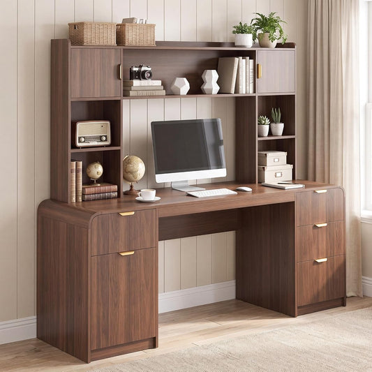 63" Office Desk with Hutch Storage, Computer Desk with 4 Drawers, Walnut