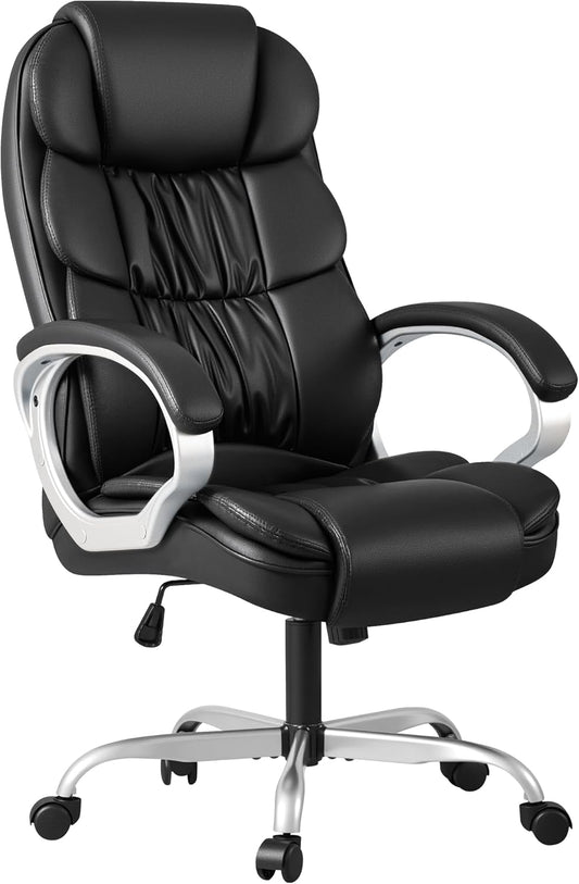 Office Chair High Back Computer Desk Chair, PU Leather Adjustable Height Modern Executive Swivel Task Chair with Padded Armrests and Lumbar Support (Black)