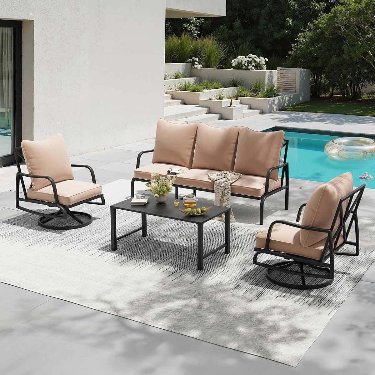 Patio Furniture Set, 4 Piece Outdoor Patio Furniture Set, 2 x Outdoor Swivel Chair, 1 x 3-Seats Sofa and 1 x Coffee Table, Metal Conversation Set for Porch, Balcony, and Backyard