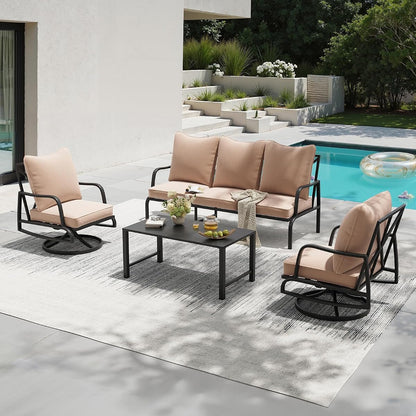 Patio Furniture Set, 4 Piece Outdoor Patio Furniture Set, 2 x Outdoor Swivel Chair, 1 x 3-Seats Sofa and 1 x Coffee Table, Metal Conversation Set for Porch, Balcony, and Backyard
