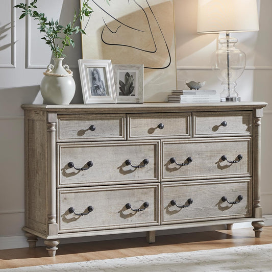 Farmhouse 7 Drawers Dresser Chests for Bedroom W/ 4 Column Solid Wood Feet, Tall Wide Wood Country Rustic Chest of Drawers, Storage Dressers for Bedroom, Living Room, Light Rustic Oak
