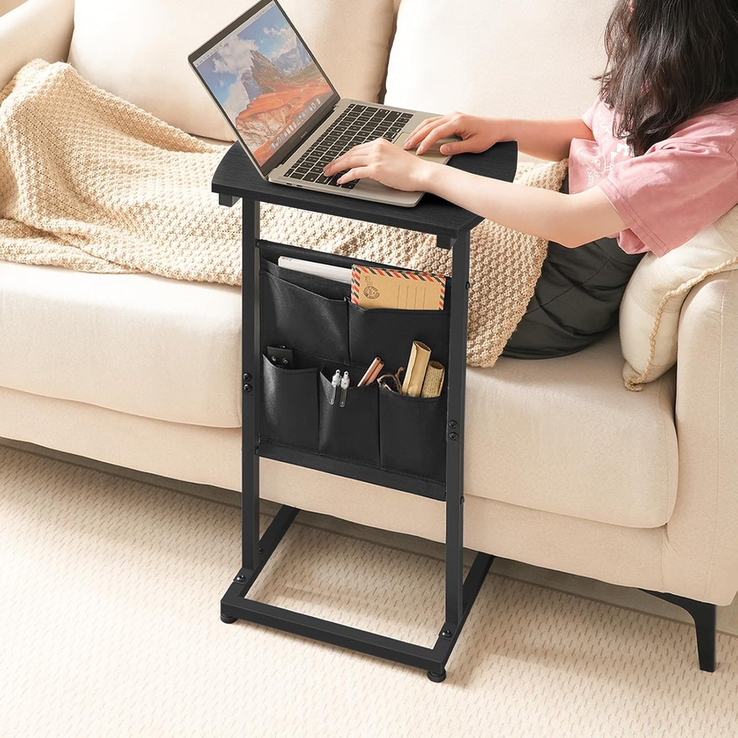 C Shaped End Table, 28.3" Side Table for Small Spaces, Couch Table with Storage Bag, Slide under Sofa Side Table, for Living Room, Bedroom, Black BB40SF01