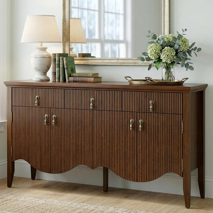57" Fluted Sideboard Buffet,Retro Storage Cabinet, Walnut