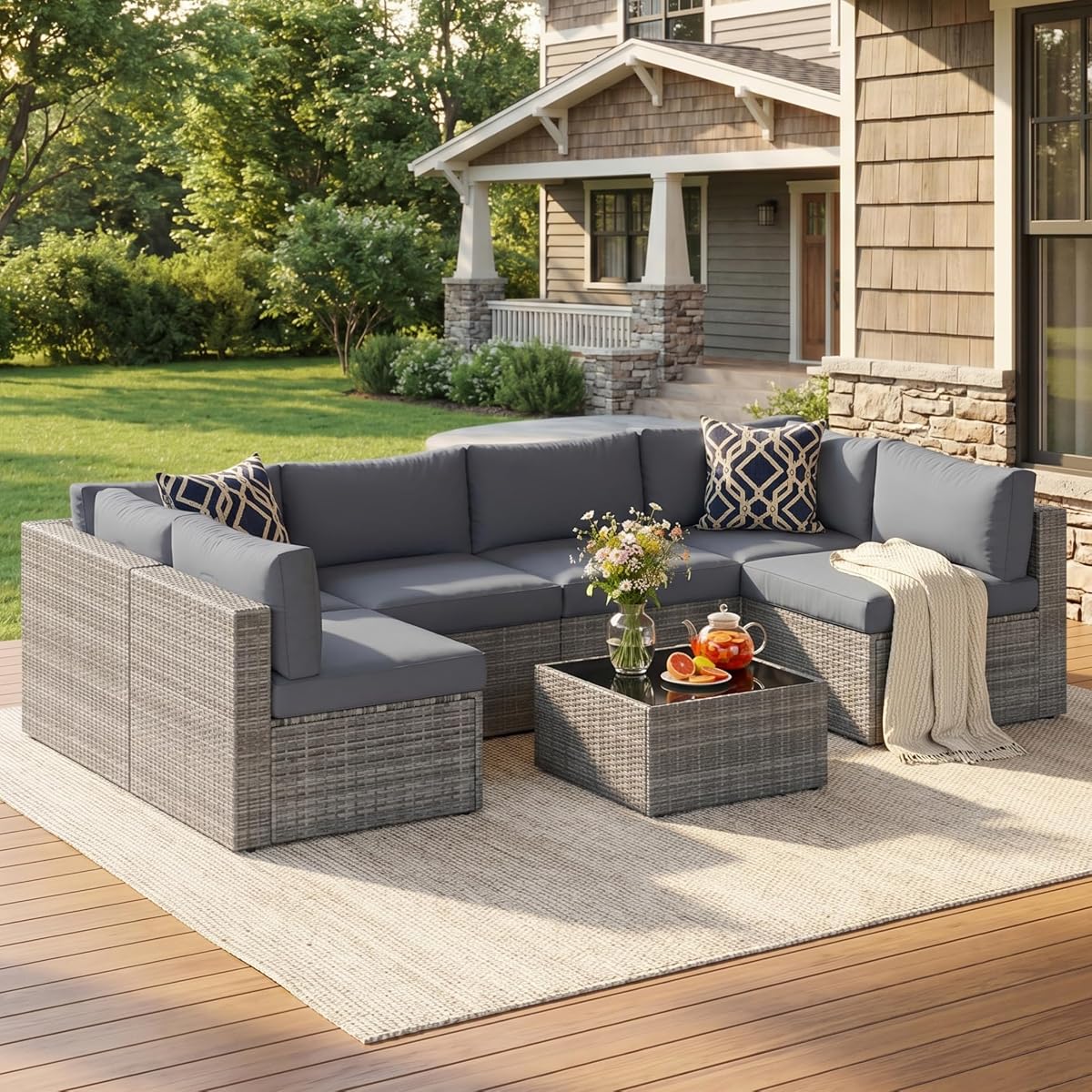 7 Pieces Wicker Outdoor Patio Furniture Set, Patio Sectional Sofa with Coffee Table, All-Weather Outdoor Sectional Furniture for Garden Backyard, Grey