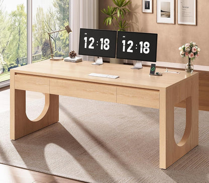 Modern Office Desk with 3 Drawers, 55" Executive Desk with U-Shaped Legs, Wood Computer Desk with Power Outlet, Home Office Desks with Relief Texture, Natrual