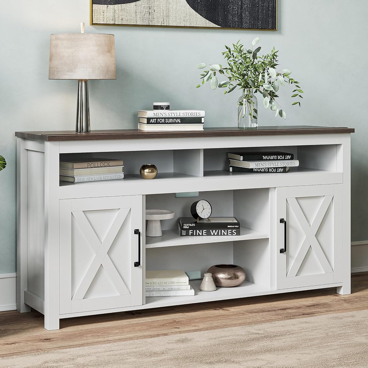 58 Inch TV Stand, Contemporary Entertainment Center for TVs up to 65", Wood Media Console Table with Two Open Shelves and Barn Door Cabinets - Corin (White)