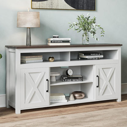 58 Inch TV Stand, Contemporary Entertainment Center for TVs up to 65", Wood Media Console Table with Two Open Shelves and Barn Door Cabinets - Corin (White)