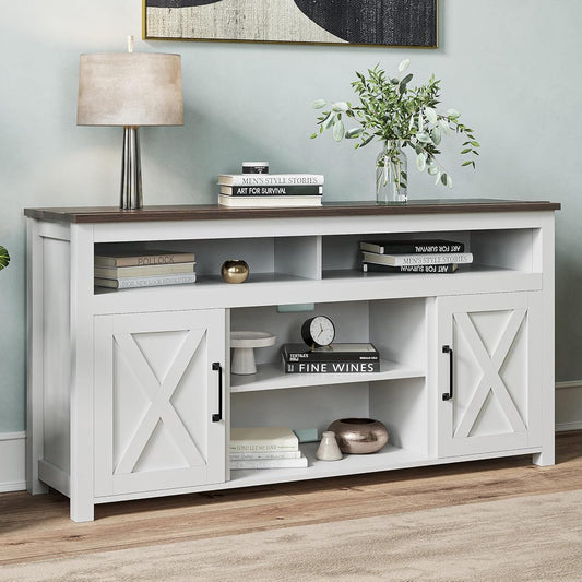 58 Inch TV Stand, Contemporary Entertainment Center for TVs up to 65", Wood Media Console Table with Two Open Shelves and Barn Door Cabinets - Corin (White)