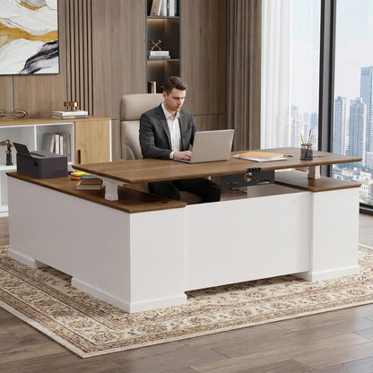 71" L Shaped Executive Desk with File Cabinet Drawers Outlet USB