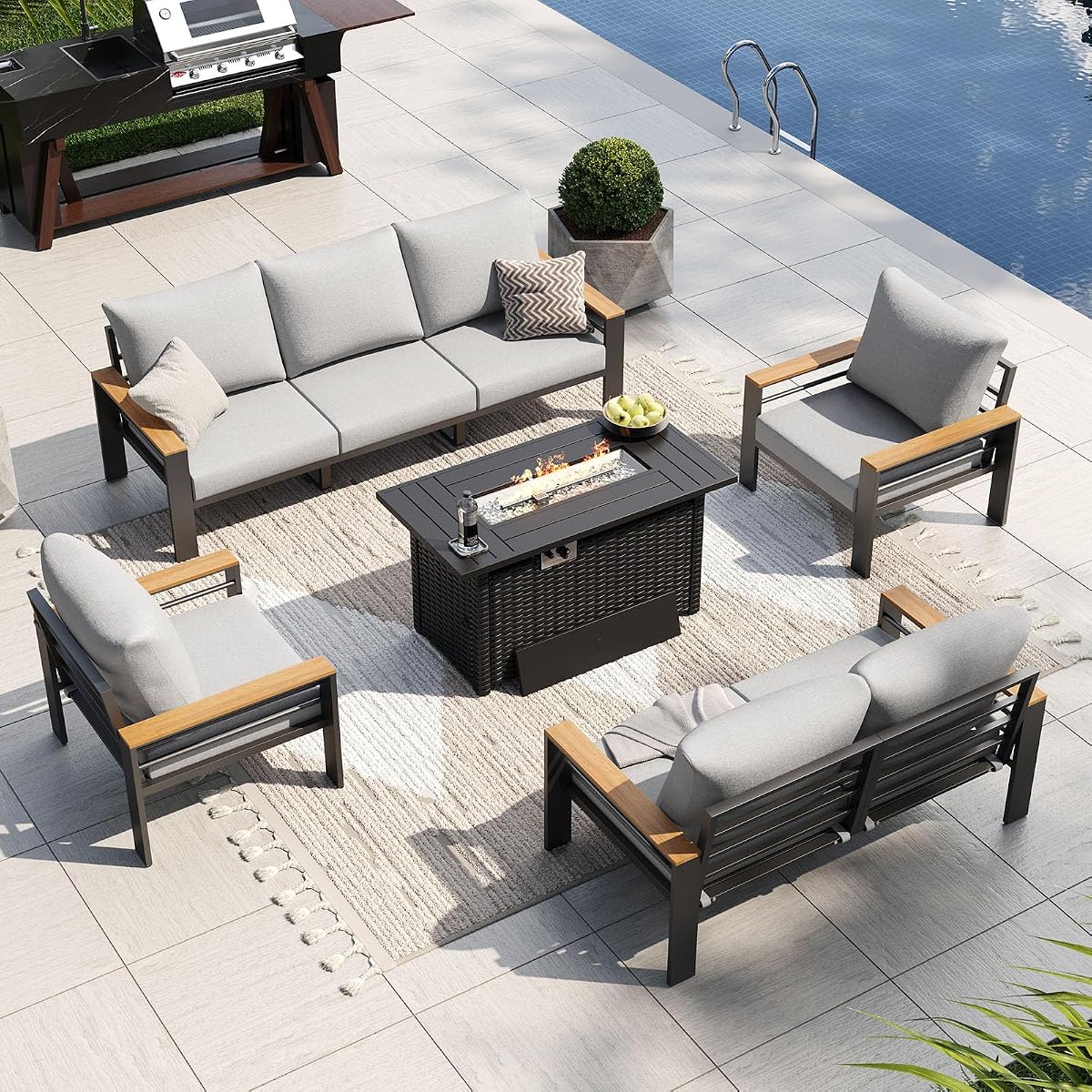 Patio Furniture Set, Aluminum Patio Set with Fire Pit Table and 5" Thicken & Washable Cushion, Waterproof Outdoor Furniture, Outdoor Couch Sectional for Backyard (7 Seats/F, Grey)