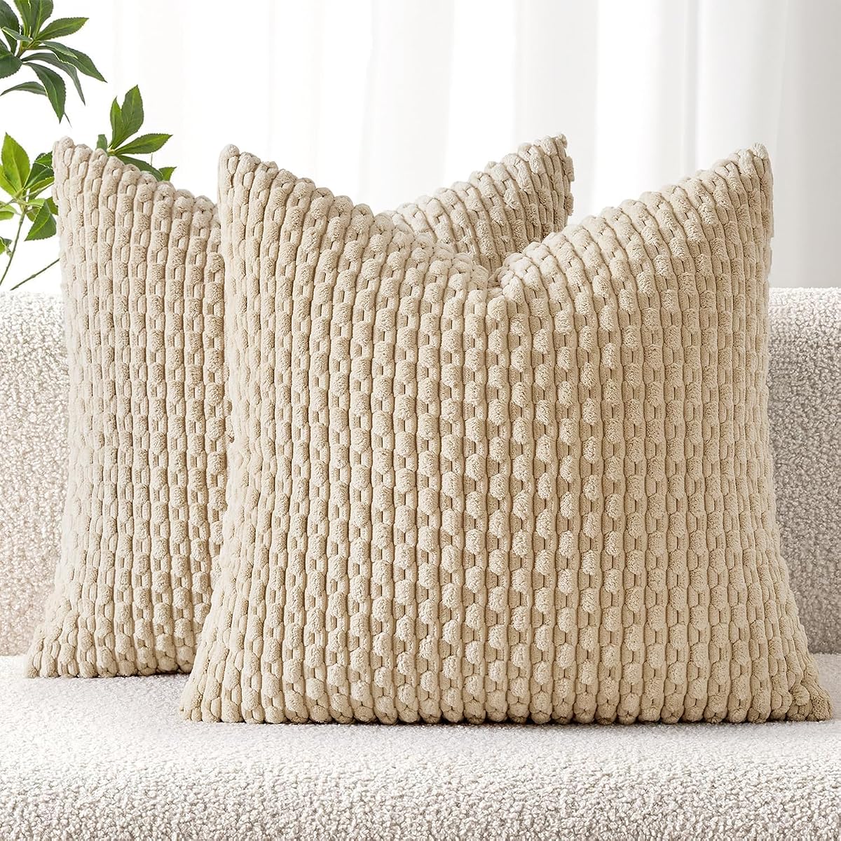 Pack of 2 Decorative Throw Pillow Covers 18x18 Inch Soft Boho Striped Textured Corduroy Pillow Covers Modern Farmhouse Home Decor for Couch Bed Sofa Living Room Beige
