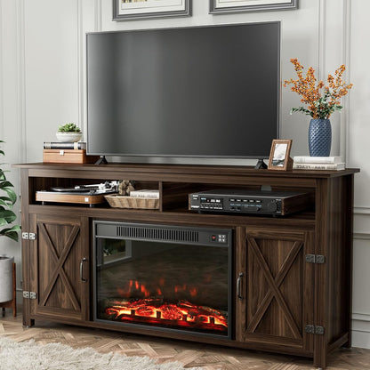Farmhouse Fireplace TV Stand for Television up to 65+ Inch, Walnut