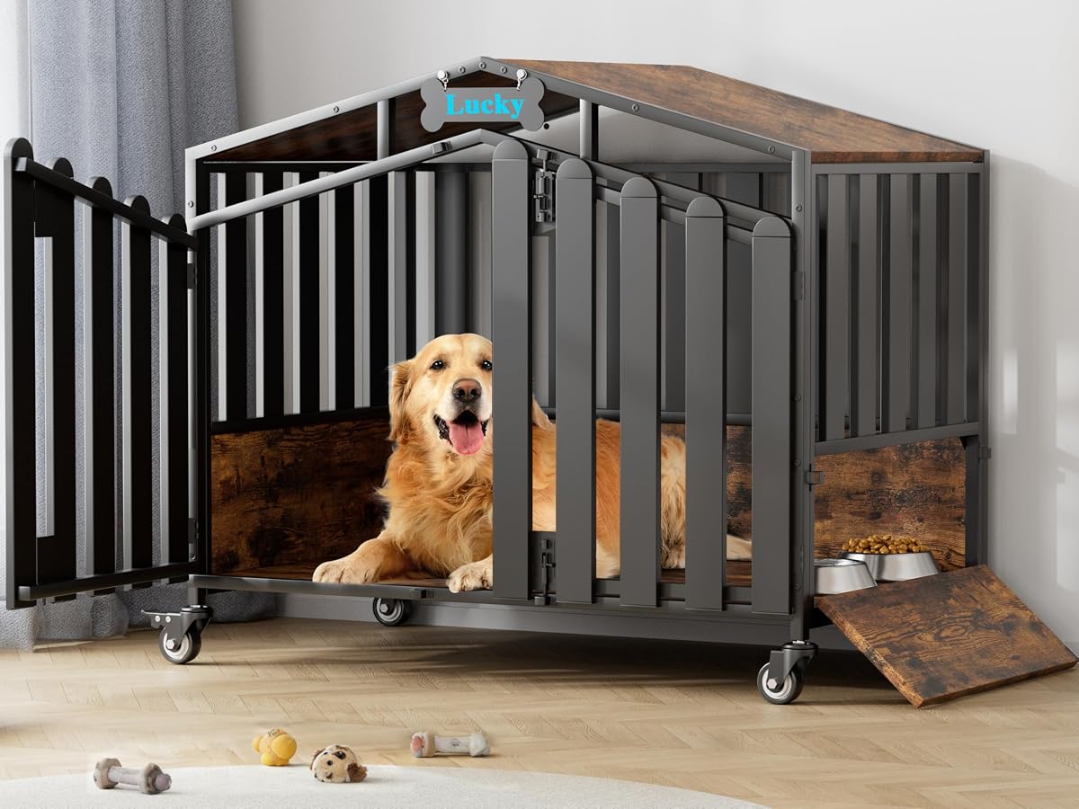41" Dog Crate on Lockable Wheels, Dogs Cage Indoor with Name Tag