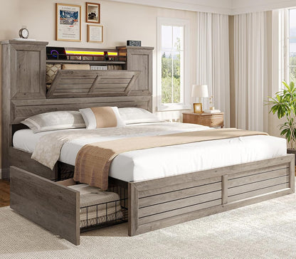 Queen Bed Frame with Headboard and Storage Cabinets