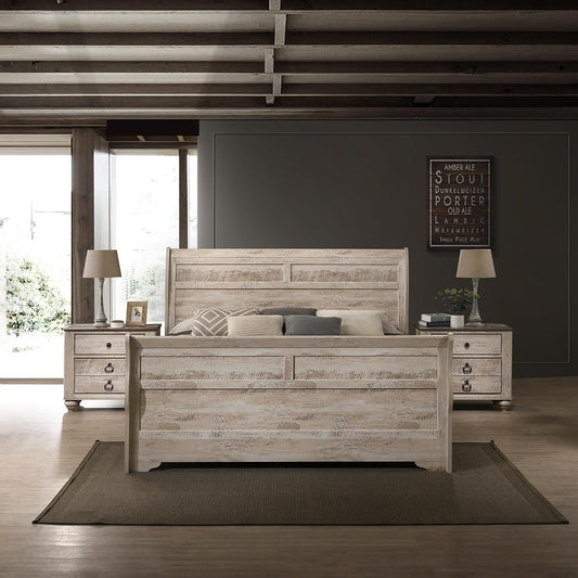 Imerland White Wash Finish 3-Piece Bedroom Set-Sleigh Bed and Two Nightstands, Queen Size
