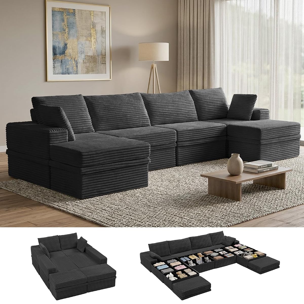 142" Modular Sectional Sofa with Storage, 6-Seater High Density Foam Boneless Couch with Ottoman, 27" Deep Corduroy Oversized Cloud Couch for Living Room, Tool-Free Assembly, Dark Gray
